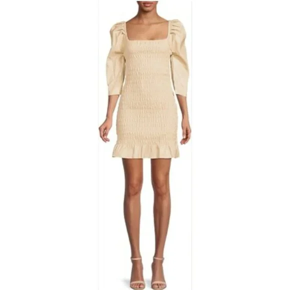 7 For All Mankind Womens Beige Smocked Square Neck Balloon Sleeve Mini Dress L - Picture 3 of 12